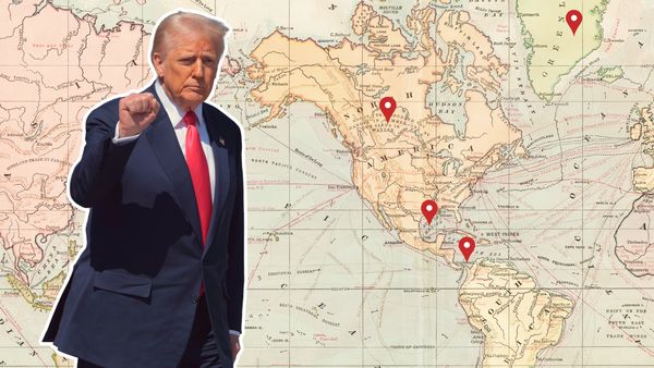 A photo collage of U.S. President Donald Trump in front of a vintage-looking world map with a soft warm filter. There are four red pins on the map: One on Greenland, one on the Panama Canal, one on the Gulf of Mexico and another on Canada/North America.