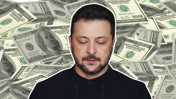 A white man looks downward. $100 bills are shown in the background.