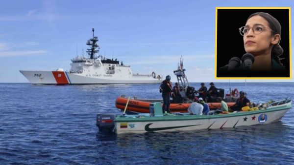 A Latina is shown standing behind a microphone. The image is placed on a larger image showing two boats, one of which has many people sitting or standing on it. It is smaller than the other one.