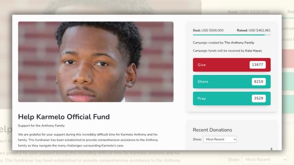 An online fundraiser titled "Help Karmelo Official Fund" with 462,481 dollars raised. A picture of a young black teen with short curly hair accompanies the fundraiser.