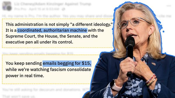 A white woman speaking into a microphone is pictured. Next to it, black text says, "This administration is not simply "a different ideology." It is a coordinated, authoritarian machine with the Supreme Court, the House, the Senate, and the executive pen all under its control" and "You keep sending emails begging for $15, while we're watching fascism consolidate power in real time." A blue box highlights both "coordinated, authoritarian machine" and "emails begging for $15."