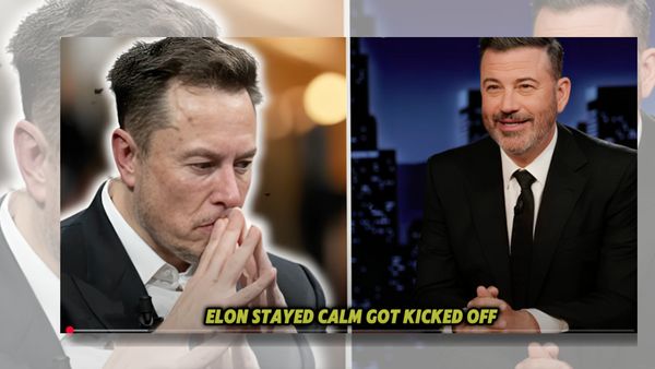 A white man with his hands pressed together near his face is pictured next to another white man with his hands clasped sitting down wearing a black suit.Towards the bottom, yellow text says, "ELON STAYED CALM GOT KICKED OFF."