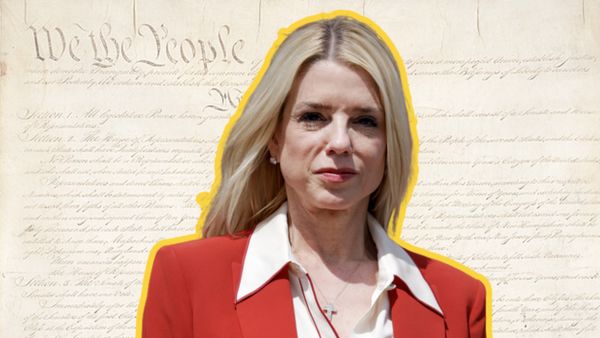A white woman wearing a red suit is outlined in yellow. Behind her, you can faintly see words of the U.S. Constitution.