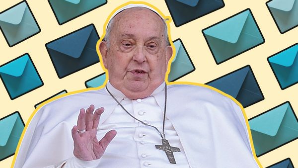 A white man wears white robes with a cross necklace on his neck. Blue envelopes can be seen in the background. All the images rest on a faint yellow background,