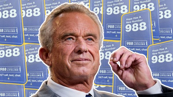 A white man is pictured in front of blue signs that say "Hope Has A New Number988"