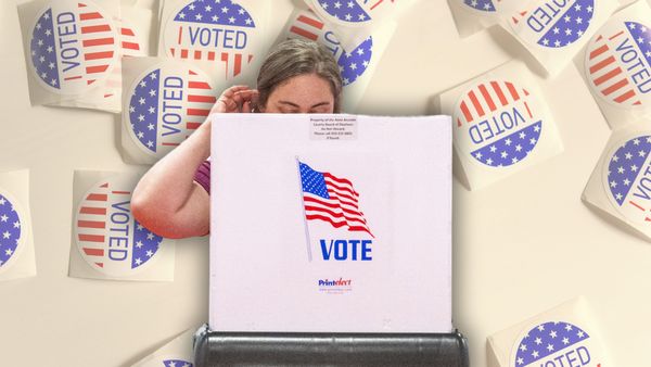 In this photo collage, the foreground shows a woman with blonde hair scratching her head at a voting booth. Behind her are scattered voting stickers. 
