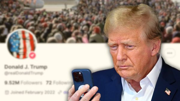 In this photo collage, a blurred out image of Trump's Truth Social account is behind an image of Trump, a white man with blonde hair, checking his smartphone.