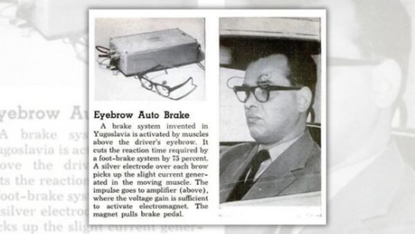 An ad says, "A brake system invented in Yugoslavia is activated by muscles above the driver's eyebrow. It cuts the reaction time required by a foot-brake system by 75 percent. A silver electrode over each brow picks up the slight current generated in the moving muscle. The impulse goes to amplifier (above), where the voltage gain is sufficient to activate electromagnet. The magnet pulls the brake pedal." Pictured is the alleged device.