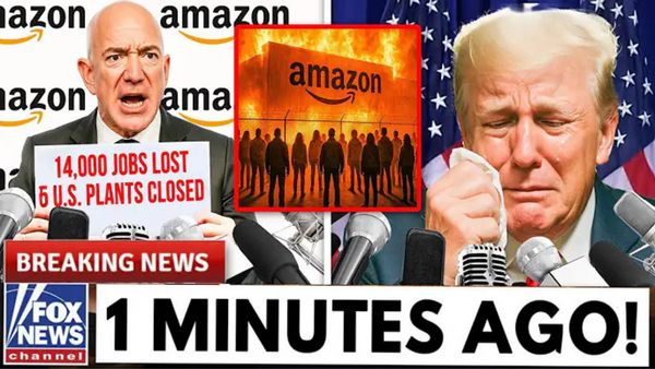 A white man holds a sign in red that says, "14,000 JOBS LOST 5 U.S. PLANTS CLOSED." A building next to him is shown on fire. On the very right side, a man holds a tissue too his face as he cries. At the bottom, it says, "1 MIMUTES AGO!"