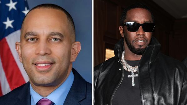 Two black man are pictured next to each other. On the left, the man is wearing a blue suit while on the right the man is wearing black shades and a leather jacket.