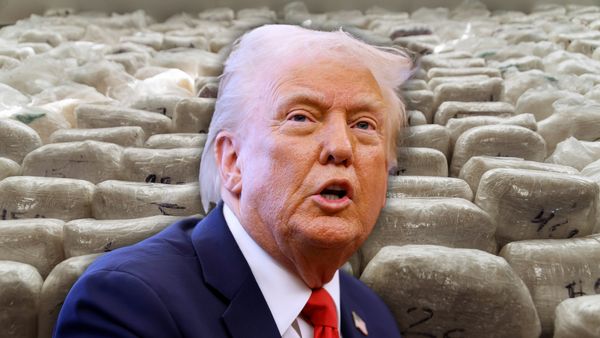 In this photo collage, U.S. President Donald Trump, a white man in his 70s with short blonde hair wearing a suit, is in front of a backdrop of packaged drugs.