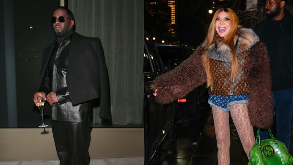 A Black man and woman are pictured next to each other. On the left, the man is holding a glass of champaign while on the right the woman holds a green bag and appears to be entering a car.