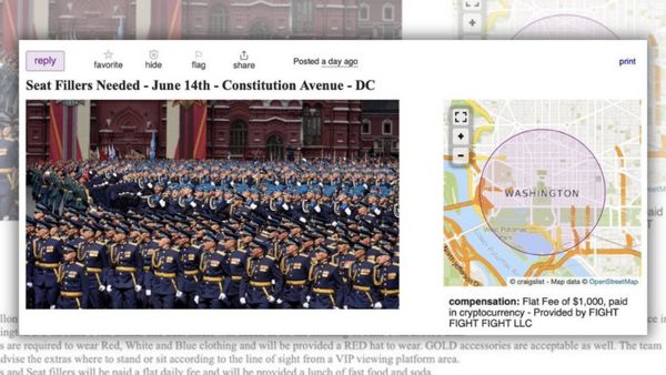 A Craigslist ad appears to say, "Seat Fillers Needed - June 14th -Constitution Avenue - DC." A photo is attached of soldiers saluting. Next to it is a purple circle around Washington, D.C., with the caption, "compensation: Flat Fee of $1,000, paid in cryptocurrency - Provided by FIGHT FITE FIGHT LLC."