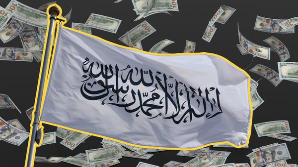 A white flag with Arabic Shahada lettering on a backdrop of green U.S. dollars. 