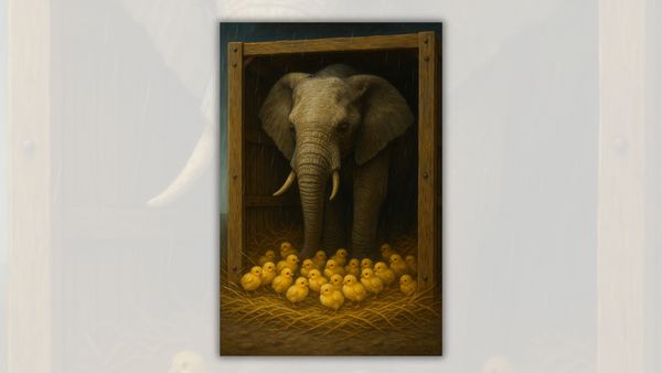 An image claims to show an elephant with chicks surrounding it in a crate. Straw is on the floor.