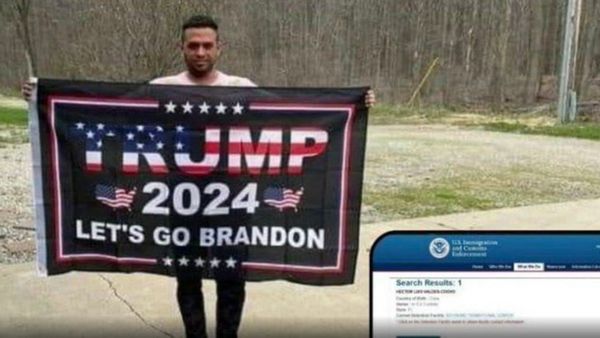A Latino holds a sign that says "TRUMP 2024 LET'S GO BRANDON." In the corner, search results appear for U.S. Immigration and Customs Enforcement appears to say Hector Luis Valdes Cocho. 