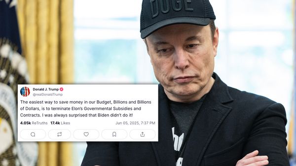 A white man wearing all black is pictured next to a Truth Social post attributed to Donald Trump. It says, "The easiest way to save money in our Budget, Billions and Billions of Dollars, is to terminate Elon's Governmental Subsidies and Contracts. I was always surprised that Biden didn't do it!"