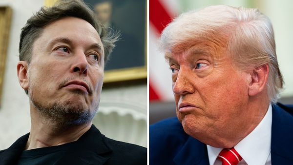 On the left: A white man, Elon Musk, with short dark hair, looks to the right. On the right: A white man with a dark tan and white hair, Donald Trump, looks to the left. 