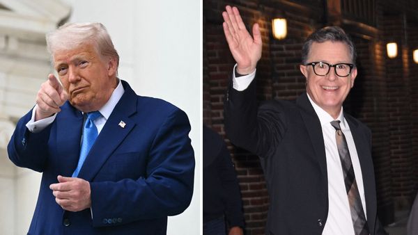 On the left: U.S. President Donald Trump, a white man with blonde-white hair wearing a suit, points at the camera. On the right: Stephen Colbert, a white man with short dark hair wearing glasses, waves at the camera.