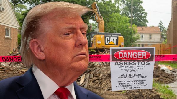 A photo collage with U.S. President Donald Trump, a white man with a tan in a suit, looking at a sign that says "DANGER: ASBESTOS" in a demolition site.
