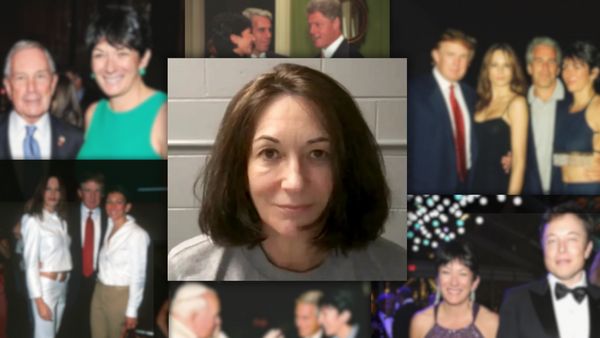 A collage of images showing Ghislaine Maxwell, a white woman with brown hair, alongside people like former President Bill Clinton, President Donald Trump and former New York Mayor Michael Bloomberg.
