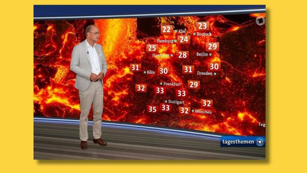 Screenshot of edited image of presenter in front of lava-covered weather map, yellow background