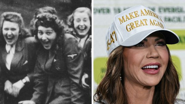 A black and white photo shows a group of people, with one prominent in the center. To the right, a color photo shows a white woman wearing a MAKE AMERICA GREAT AGAIN hat.