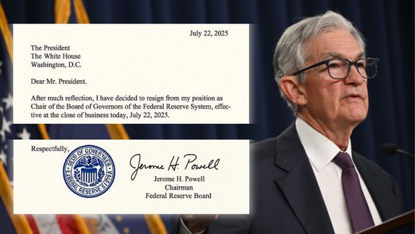 A white man wearing a black suit stands at a podium. A letter says, "July 22, 2025  The President  The White House Washington, D.C.  Dear Mr. President.  After much reflection, I have decided to resign from my position as Chair of the Board of Governors of the Federal Reserve System, effective at the close of business today, July 22, 2025." Below is a seal with a signature of "Jerome H. Powell Chairman Federal Reserve Board."