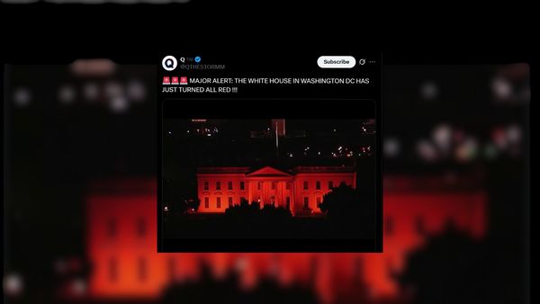 White House illuminated with a reddish hue in X post. The post caption reads, "MAJOR ALERT: THE WHITE HOUSE IN WASHINGTON DC HAS JUST TURNED ALL RED !!!"