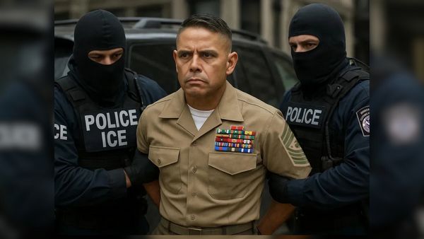 Two masked ICE agents in tactical gear are escorting a stern-faced man in a tan military uniform with multiple ribbons and a sergeant rank insignia on his sleeve. The man is handcuffed.
