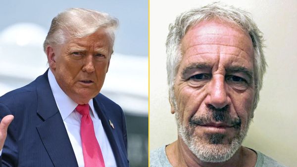 Side-by-side image of two men. On the left is U.S. President Donald Trump with combed-back blond hair, wearing a dark suit, white shirt and bright pink tie, looking serious with his hand raised. On the right is a mugshot of Jeffrey Epstein with gray hair and a beard, wearing a gray shirt, looking directly at the camera with a neutral expression against a plain light background.