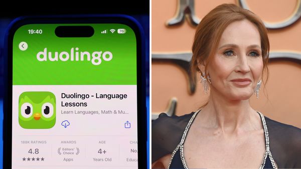 On the left: A phone displays the Duolingo app, a green app with a bird icon. On the right: JK Rowling, a middle-aged white woman with dirty blond hair and blue eyes. 
