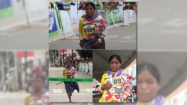 A Latina is shown crossing a finish line and running in an ultramarathon.