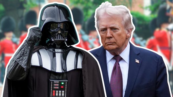 In this photo collage, U.S. President Donald Trump, an older, tanned white man in a suit, is depicted next to the Star Wars space fantasy character Darth Vader, a man wearing a full face black helmet and black cape.