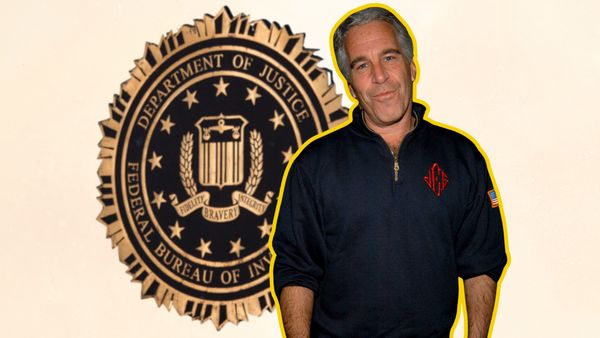 A white man is pictured next to a sign that says DEPARTMENT OF JUSTICE FEDERAL BUREAU OF.
