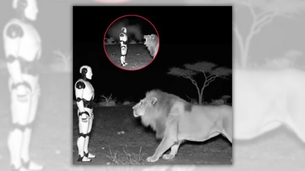 A black and white image shows a lion looking at a robot. An insert image shows the lion roaring at the robot.