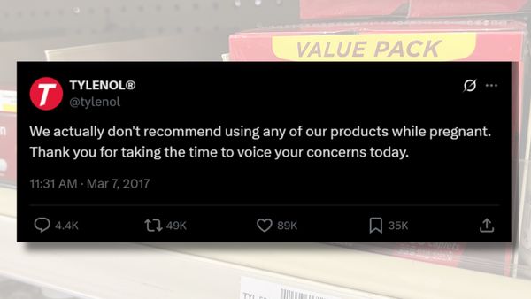 A post from X account @tylenol says, "We actually don't recommend using any of our products while pregnant. Thank you for taking the time to voice your concerns today." Products can faintly be seen in the background.