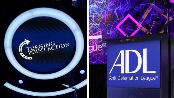 Two logos are shown. On the left, white letters say TURNING POINT ACTION with an arrow curved to the right on its left side. On the right, white letters say ADL Anti-Defamation League on it.