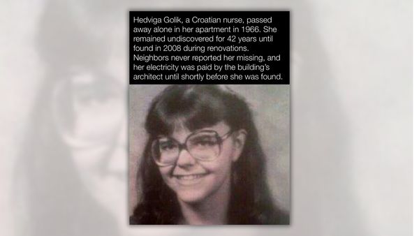 Screenshot of Facebook post. Has a photo of a young, brown-haired woman wearing glasses beneath text saying Hedviga Golik passed away alone in her apartment in 1966, and that her body went undiscovered for 42 years until found in 2008 during renovations