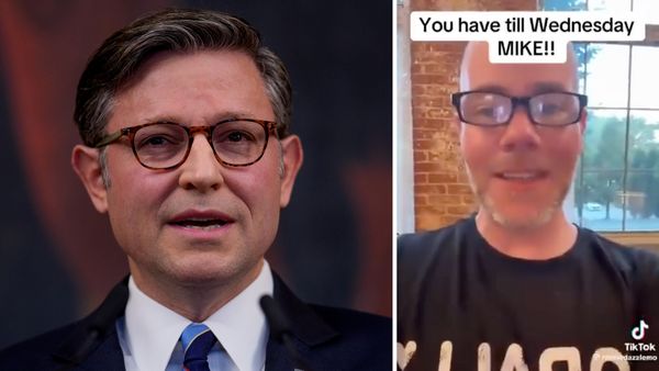 On the left: Speaker of the House Mike Johnson, a white man with short greying brown hair in a suit and glasses. On the right: A screenshot of a TikTok, in which a bald, white man with a beard and glasses appears in portrait mode with the words, "You have till WEDNESDAY, Mike!" 