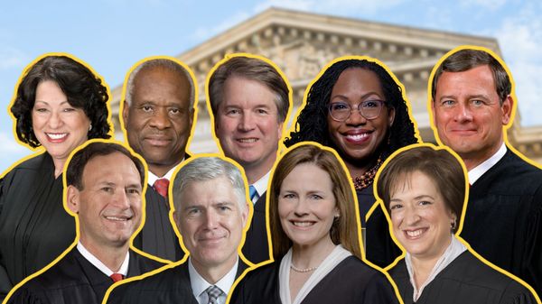 In this photo collage, nine Supreme Court justices' headshots are collaged together in front of a blurred background of the Supreme Court building, a white Roman pillar-style structure. 