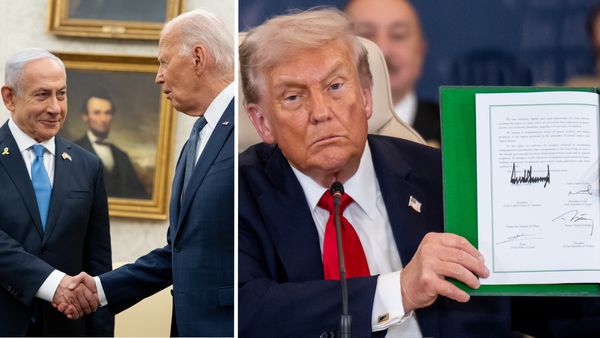 On the left: Former U.S. President Joe Biden and Israeli Prime Minister Benjamin Netanyahu, two older white men in suits, shake hands. On the right: U.S. President Donald Trump, an older white man in a suit, holds up a signed treaty.