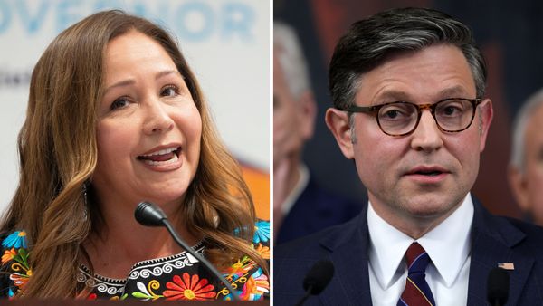 On the left: Rep.-elect Adelita Grijalva, a woman with long, wavy, brunette hair wearing a colorful blouse with flower embroidery. On the right: Speaker of the House Mike Johnson, a man with short salt-and-pepper hair and glasses in a dark suit.