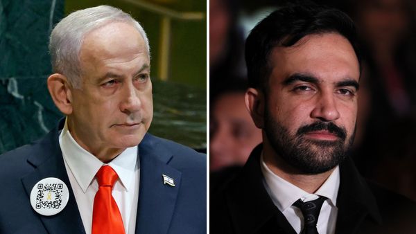 Two side-by-side images, with Israeli Prime Minister Benjamin Netanyahu on the left and New York City mayor-elect Zohran Mamdani on the right. 
