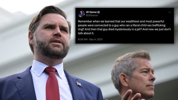 A post says, "Remember when we learned that our wealthiest and most powerful people were connected to a guy who ran a literal child sex trafficking ring? And then that guy died mysteriously in a jail." The post is next to a white man wearing a dark blue suit. Another person can be seen beneath the post next to the man.