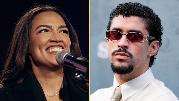 Side by side of U.S. Rep. Alexandria Ocasio-Cortez, a smiling younger Latina woman with long brown hair, and Bad Bunny, a younger Latino man with a goatee wearing sunglasses. 