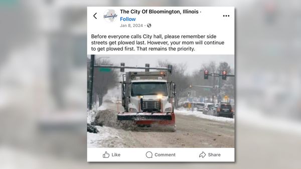 A post says, "Before everyone calls City hall, please remember side streets get plowed last. However, your mom will continue to get plowed first. That remains the priority." Attached is a photo of a truck driving through snowy streets.