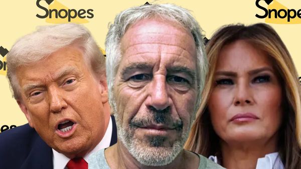 Jeffrey Epstein, a white man, is pictured in the center. To his left is president Donald Trump, a white man who appears to be speaking. To his right is Melania Trump, a white woman looking forward.
