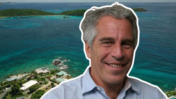 An image of convicted sex offender Jeffrey Epstein, a white man with short white hair, placed in front of a faraway shot of his private island in the U.S. Virgin Islands surrounded by the sea. 