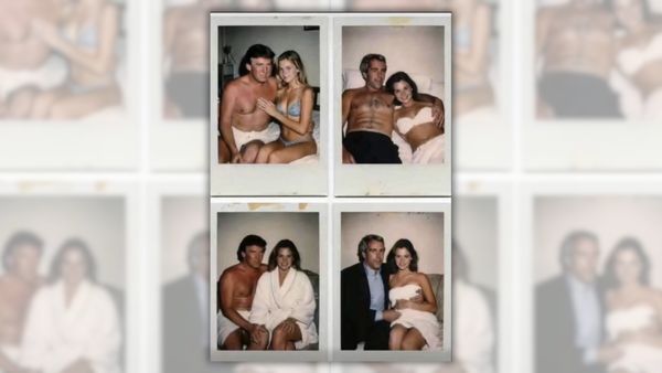 A picture of four polaroids generated by artificial intelligence. Two polaroids show a younger U.S. President Donald Trump with a young woman and two polaroids show convicted sex offender Jeffrey Epstein with a young woman.
